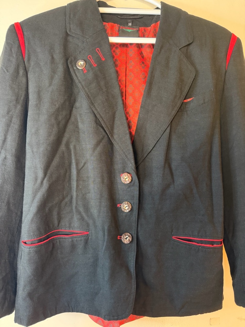 Altenbeurer Black Linen Blend Blazer Red Trim Lined Jacket Size 38 Vintage Style - Picture 3 of 10